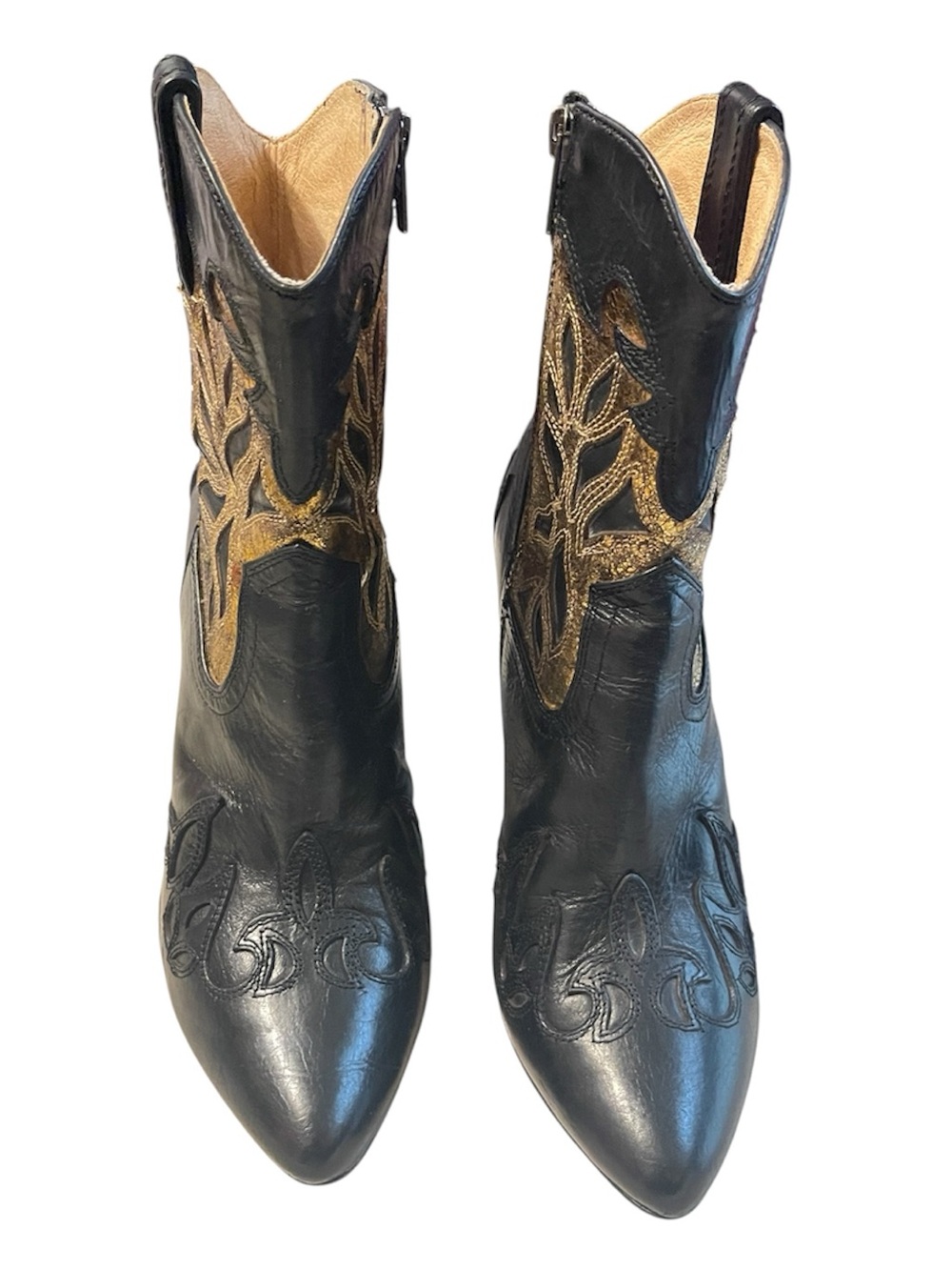 Frye Black Leather Lace-Up Western Boots with Gold Embroidery